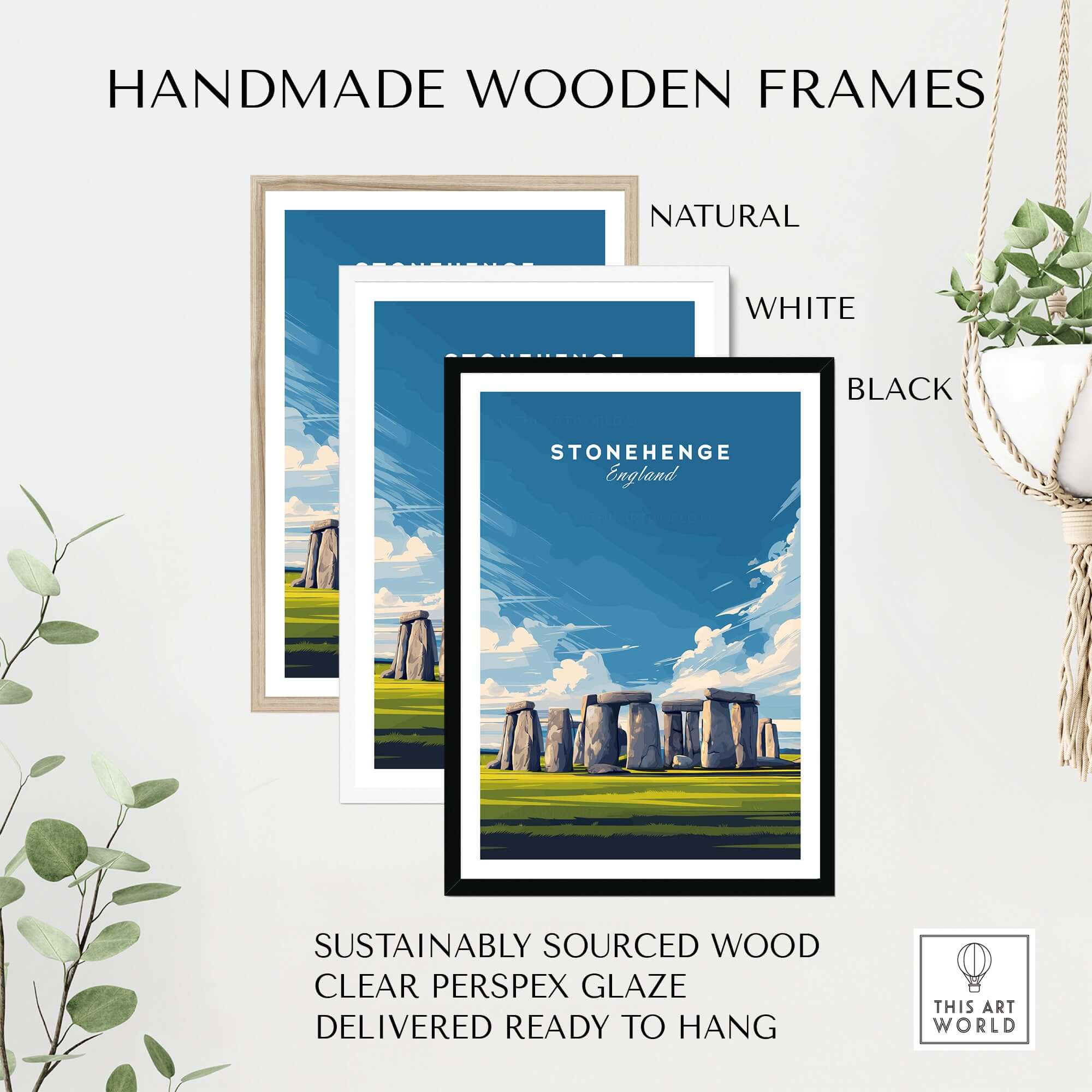 Stonehenge Wall Art - Wiltshire Countryside Print - English History Wall Decor framed in handmade wooden frames.