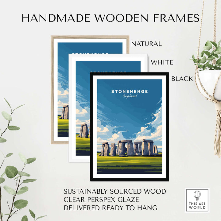 Handmade wooden frames for Stonehenge wall art in natural, white, and black finishes, ready to hang.