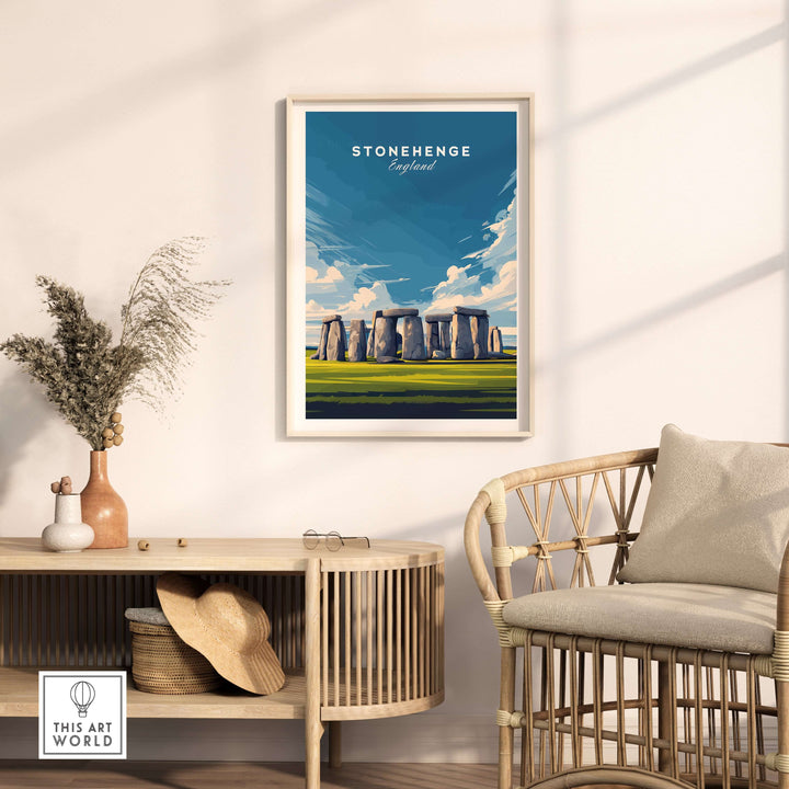 Stonehenge wall art print depicting the iconic monument in England's Wiltshire countryside, perfect for wall decor.