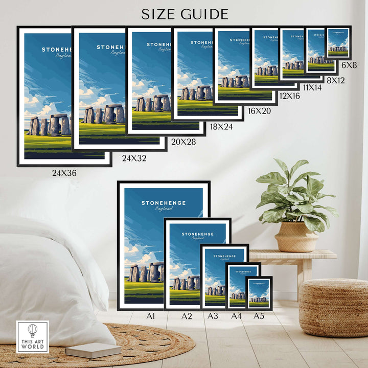 Size guide for Stonehenge wall art prints in various dimensions displayed in a cozy interior setting.