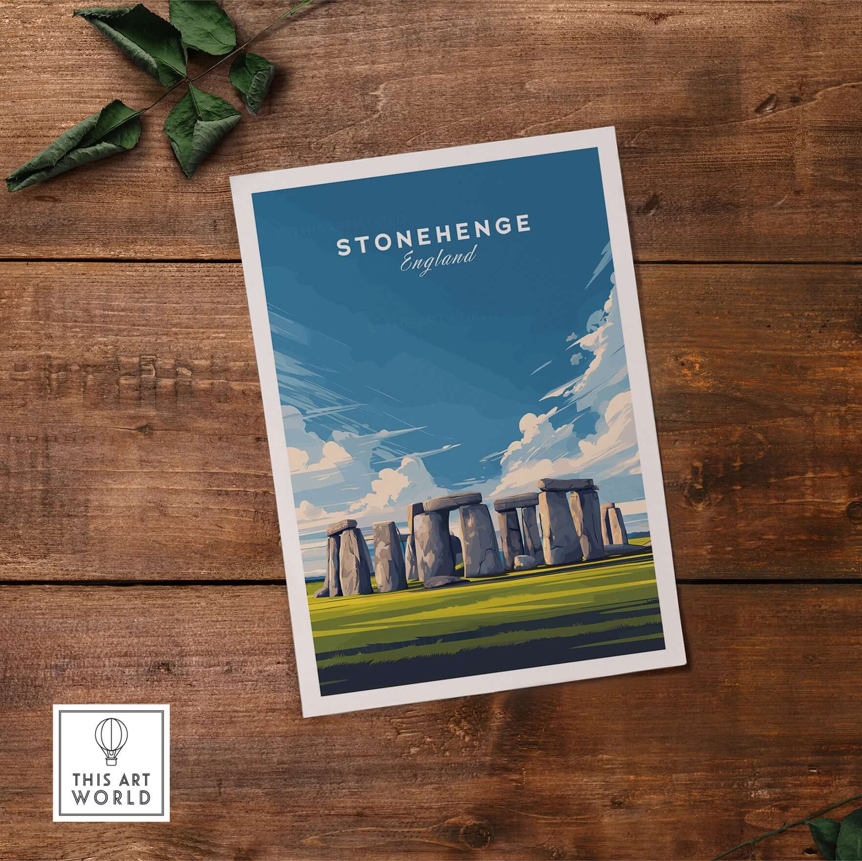 Stonehenge Wall Art - Wiltshire Countryside Print - English History Wall Decor on wooden background
