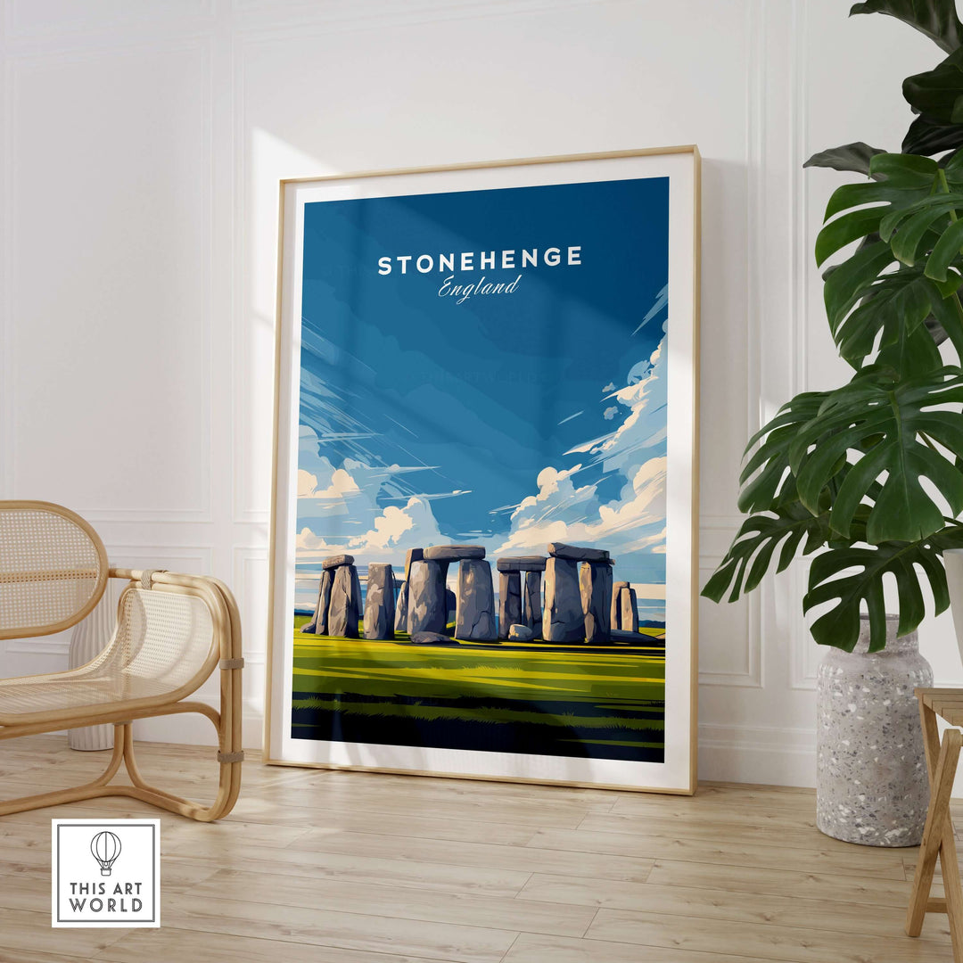 Stonehenge wall art print showcasing the iconic monument in vibrant colors, perfect for English history decor.