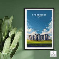 Stonehenge Wall Art - Wiltshire Countryside Print - English History Wall Decor on a green wall.
