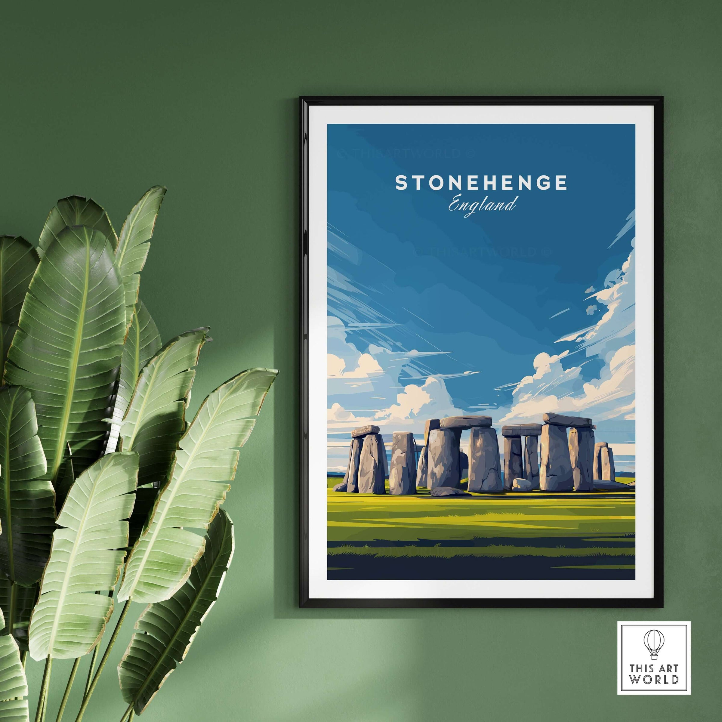 Stonehenge Wall Art - Wiltshire Countryside Print - English History Wall Decor on a green wall.