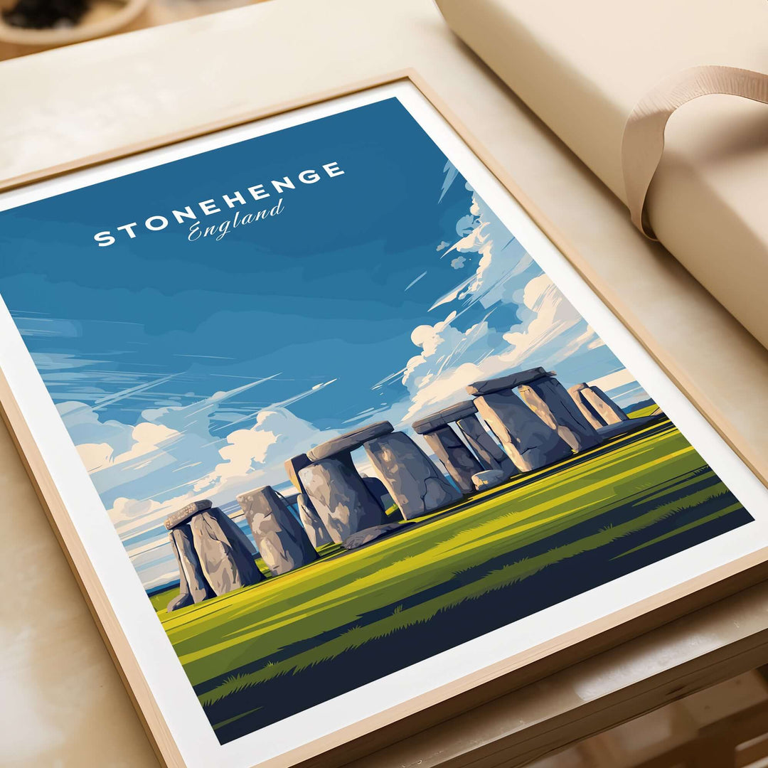 Stonehenge wall art print featuring the iconic monument surrounded by vibrant Wiltshire countryside.