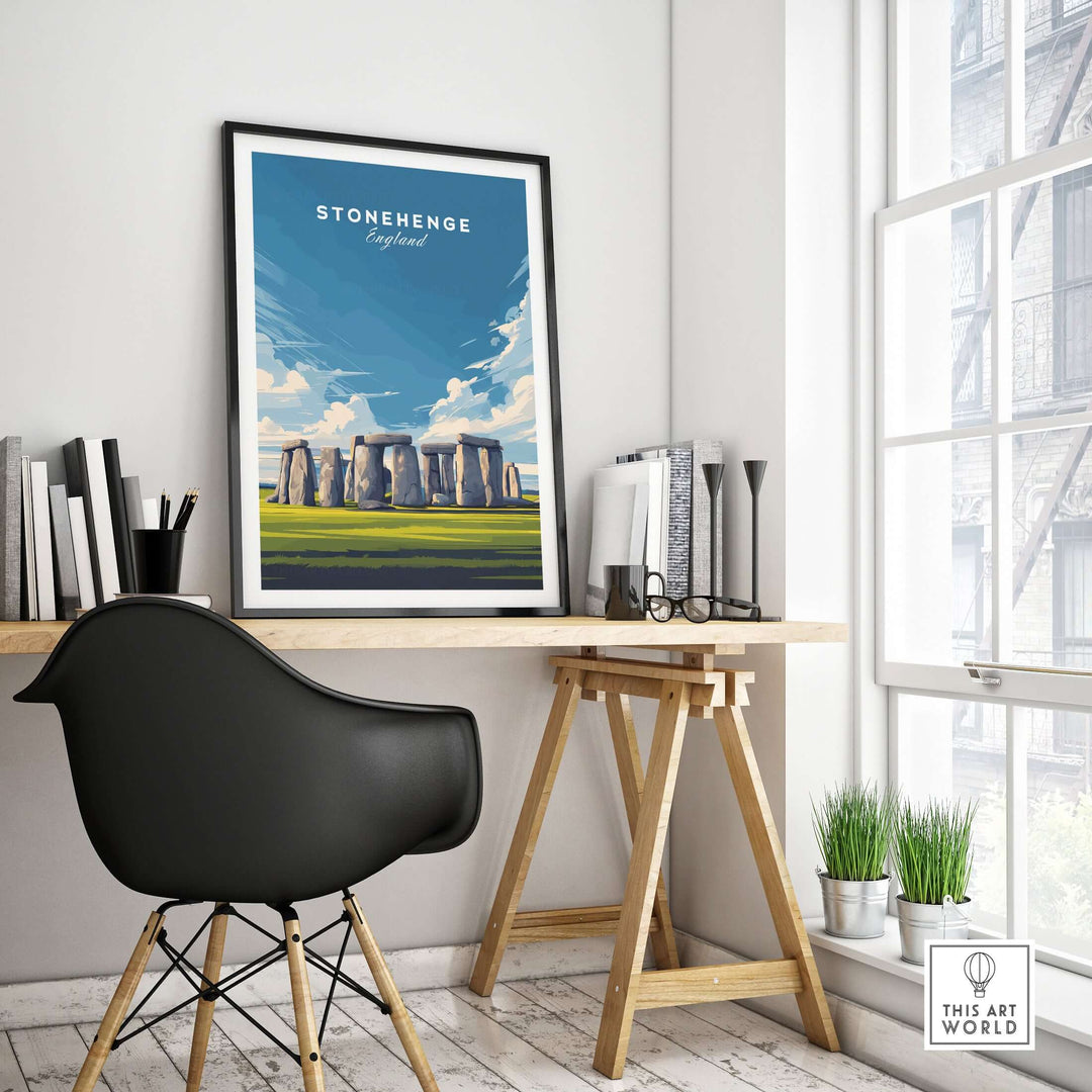 Stonehenge wall art print displayed in a modern workspace, showcasing English history and Wiltshire countryside.
