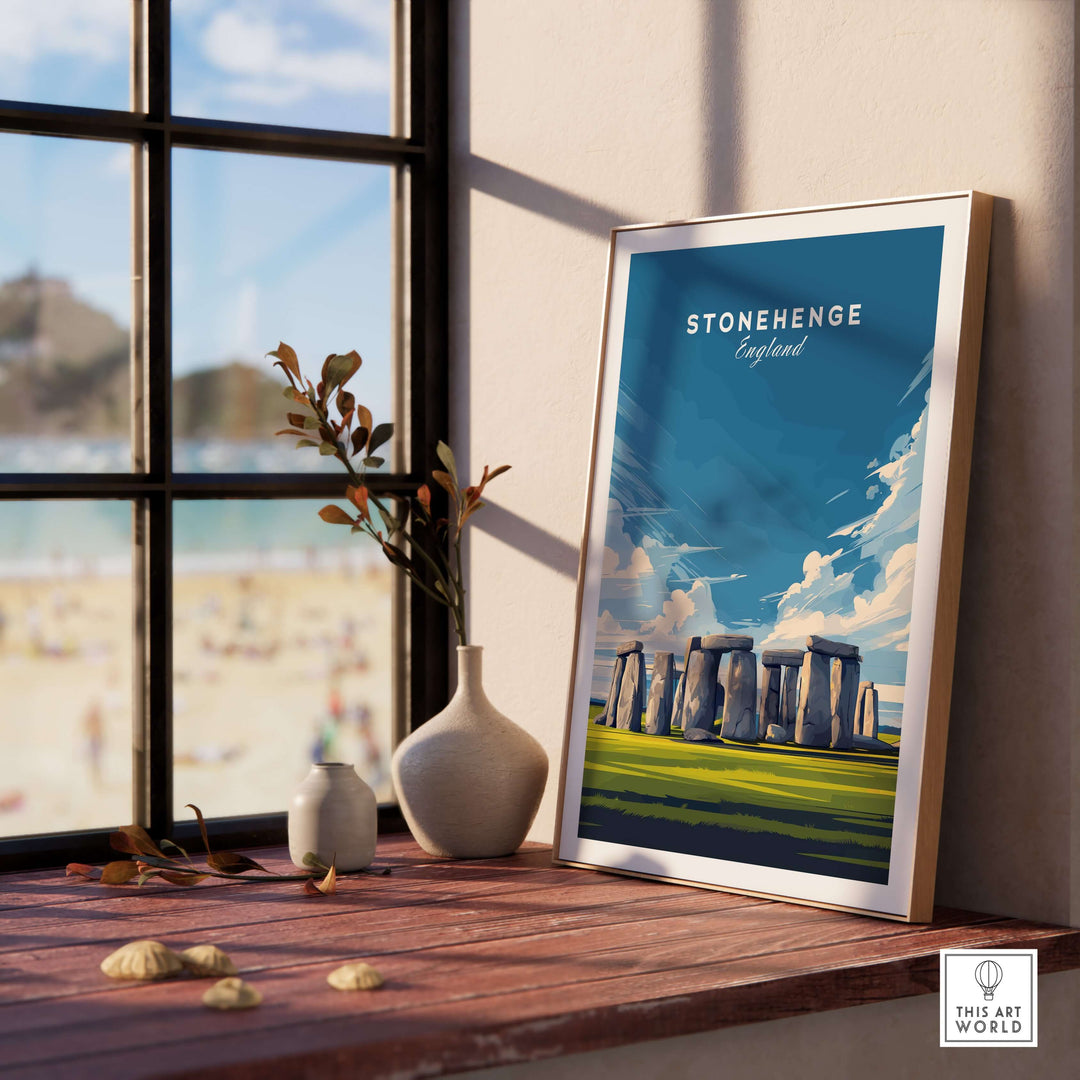 Framed Stonehenge wall art print showcasing iconic monument against a serene background in England.
