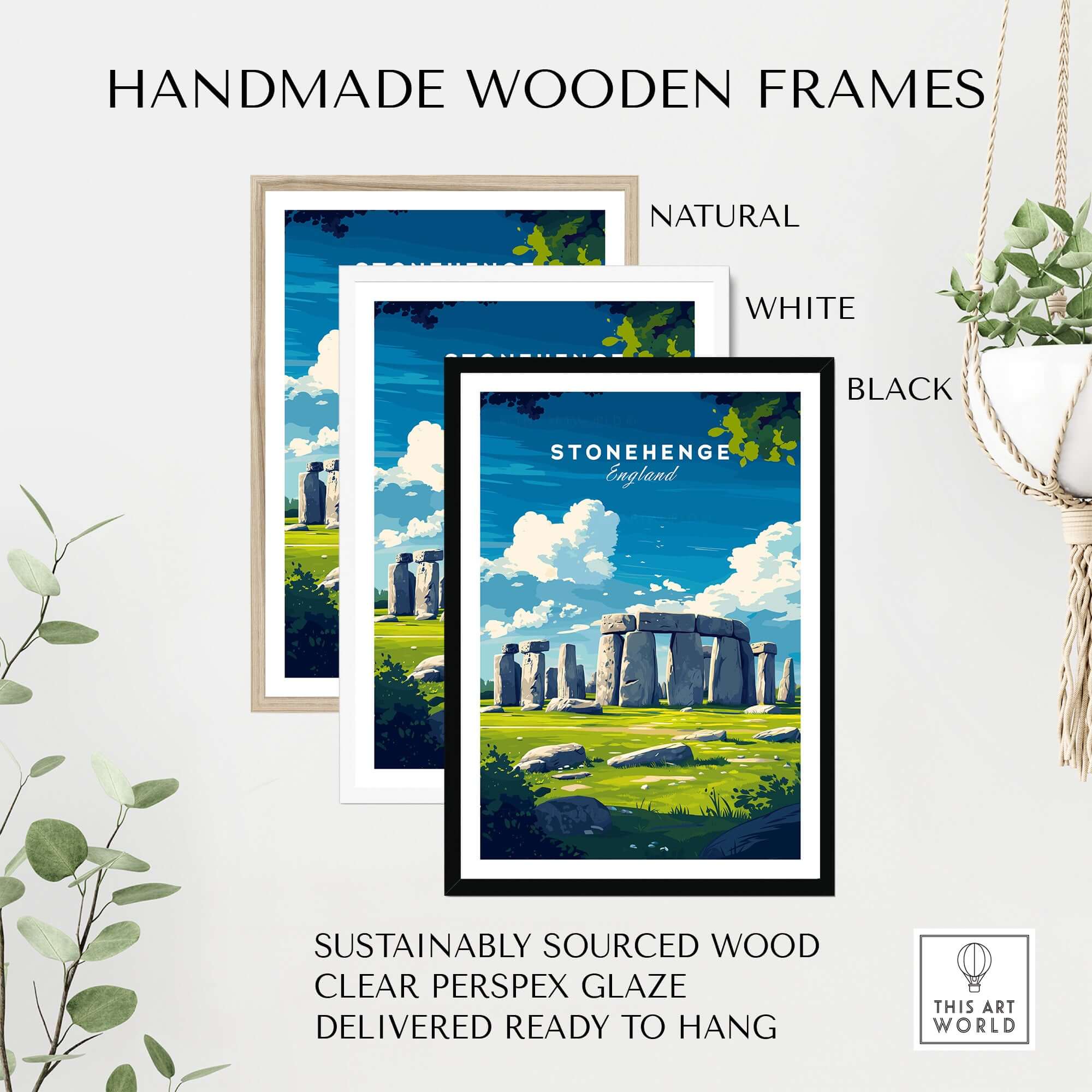 Stonehenge Travel Print - Wiltshire Landscape Poster - Ancient Monument Wall Art displayed in handmade wooden frames