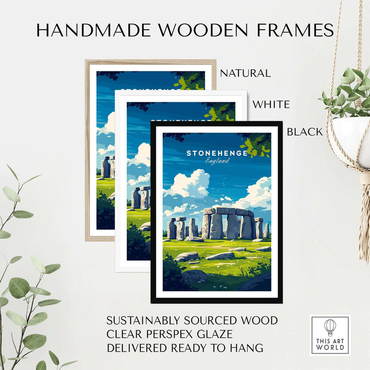 Handmade wooden frames in natural, white, and black for Stonehenge landscape print, made from sustainably sourced wood.