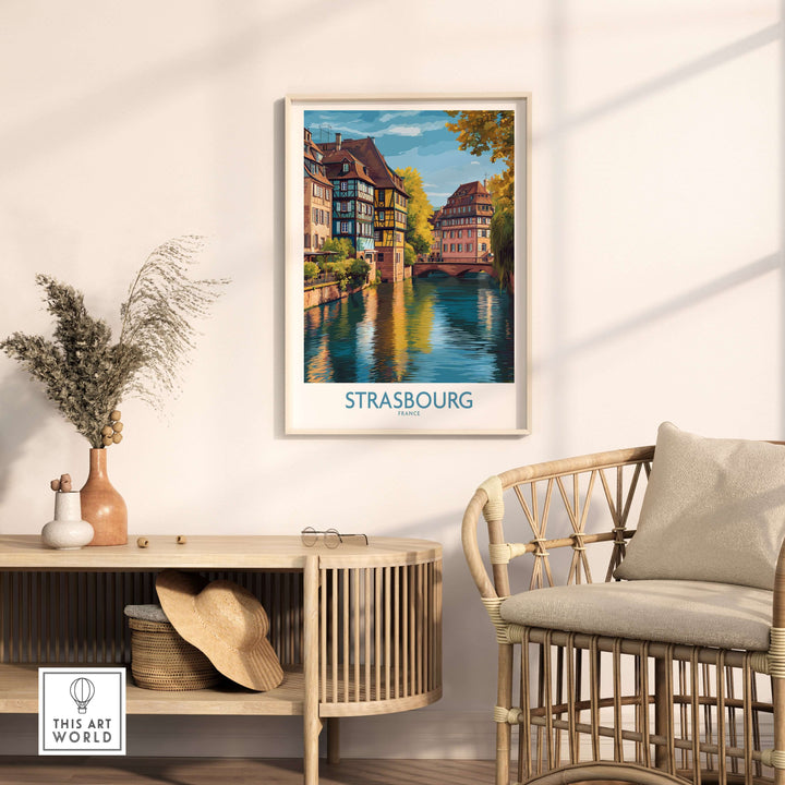 Strasbourg France Art Print showcasing picturesque canals and historic architecture in a cozy home setting.