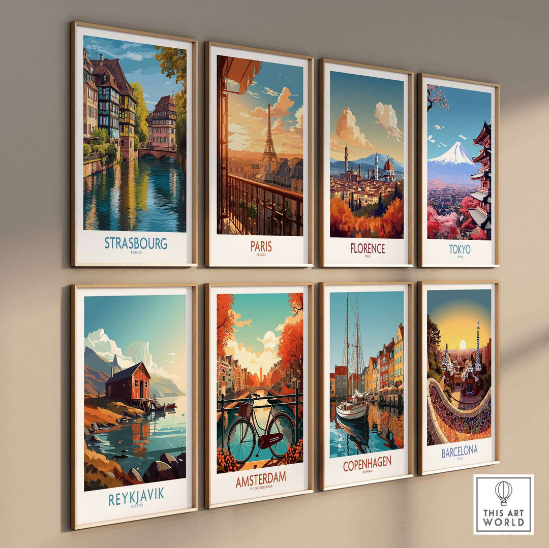 Strasbourg France Art Print with iconic cityscape alongside other European city art prints on wall