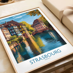 Strasbourg France Art Print showcasing colorful historic buildings and picturesque canals reflecting in water.