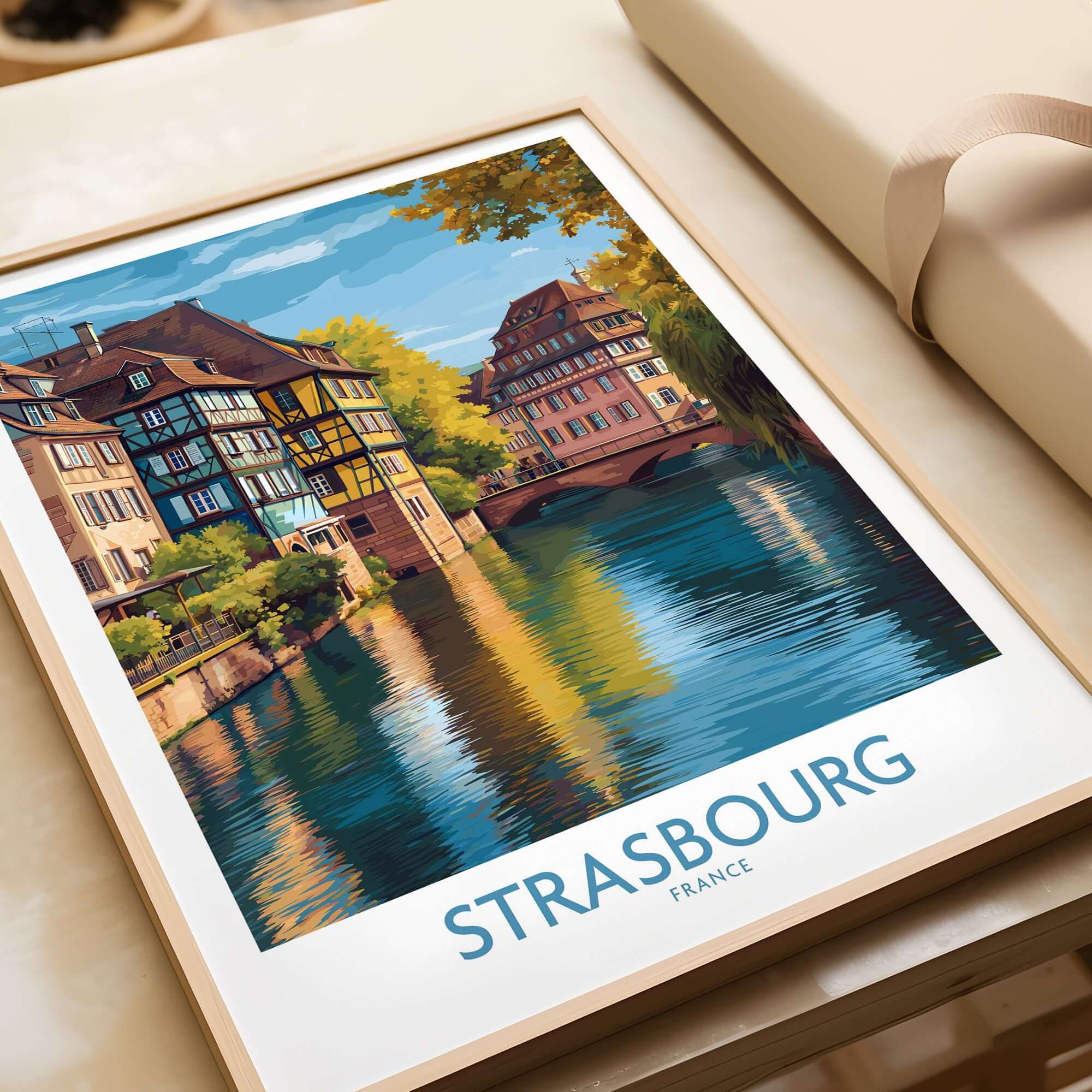 Strasbourg France Art Print showcasing colorful historic buildings and picturesque canals reflecting in water.