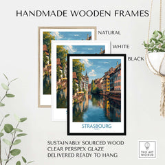 Strasbourg France Art Print | Petite France Travel Poster in handmade wooden frames, showcasing picturesque canals and houses.