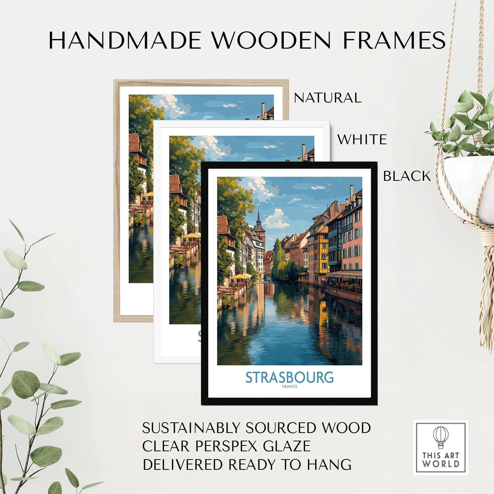 Strasbourg France Art Print | Petite France Travel Poster in handmade wooden frames, showcasing picturesque canals and houses.