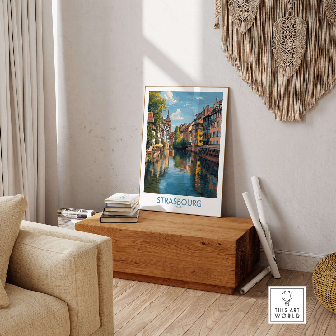 Strasbourg France Art Print | Petite France Travel Poster displayed in a cozy living room setting.