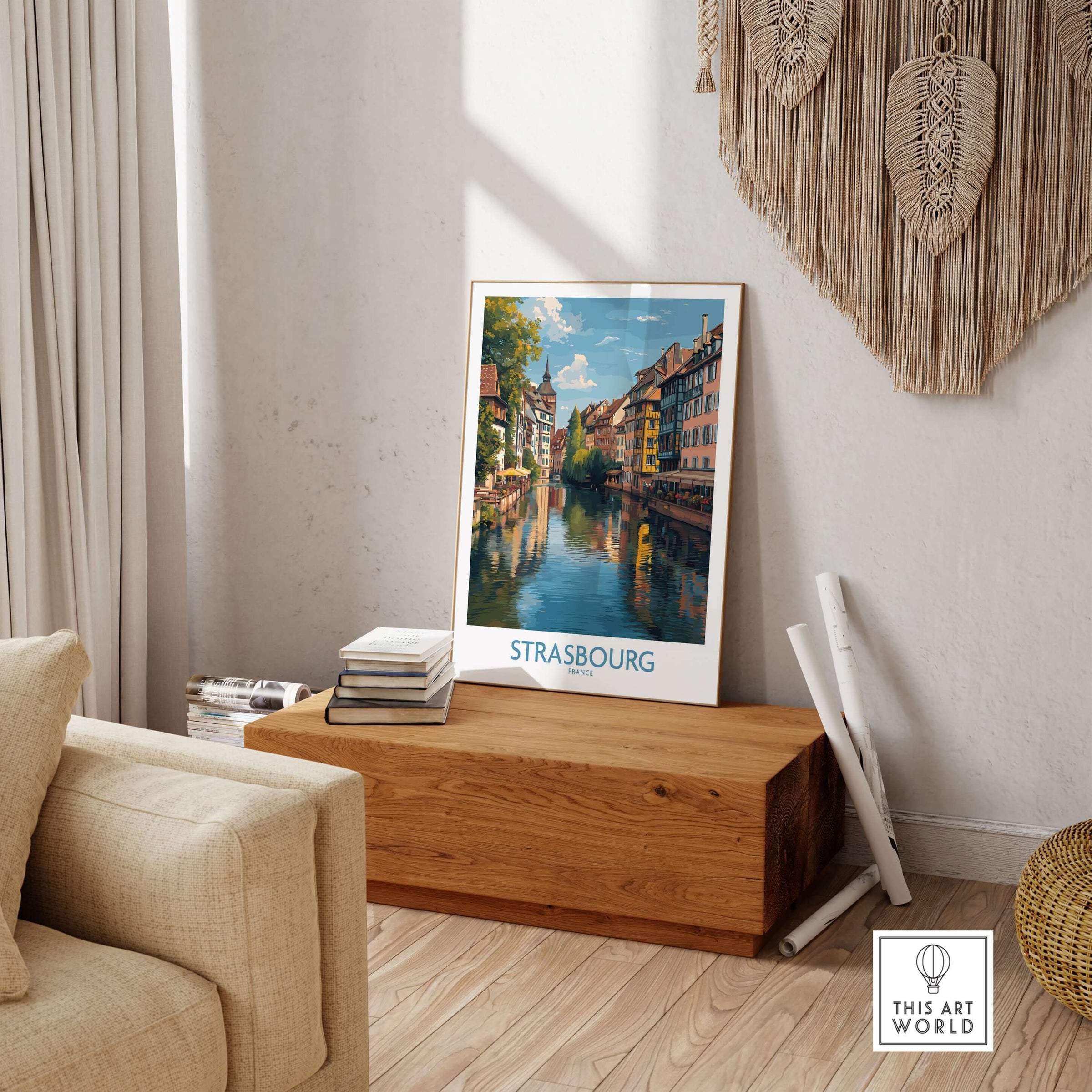 Strasbourg France Art Print | Petite France Travel Poster displayed in a cozy living room featuring scenic canals.