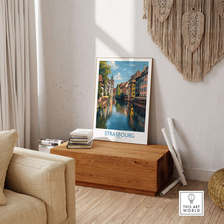Strasbourg France Art Print | Petite France Travel Poster displayed in a cozy living room setting.