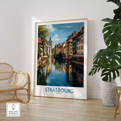 Strasbourg France Art Print | Petite France Travel Poster showcasing scenic canals and half-timbered houses.
