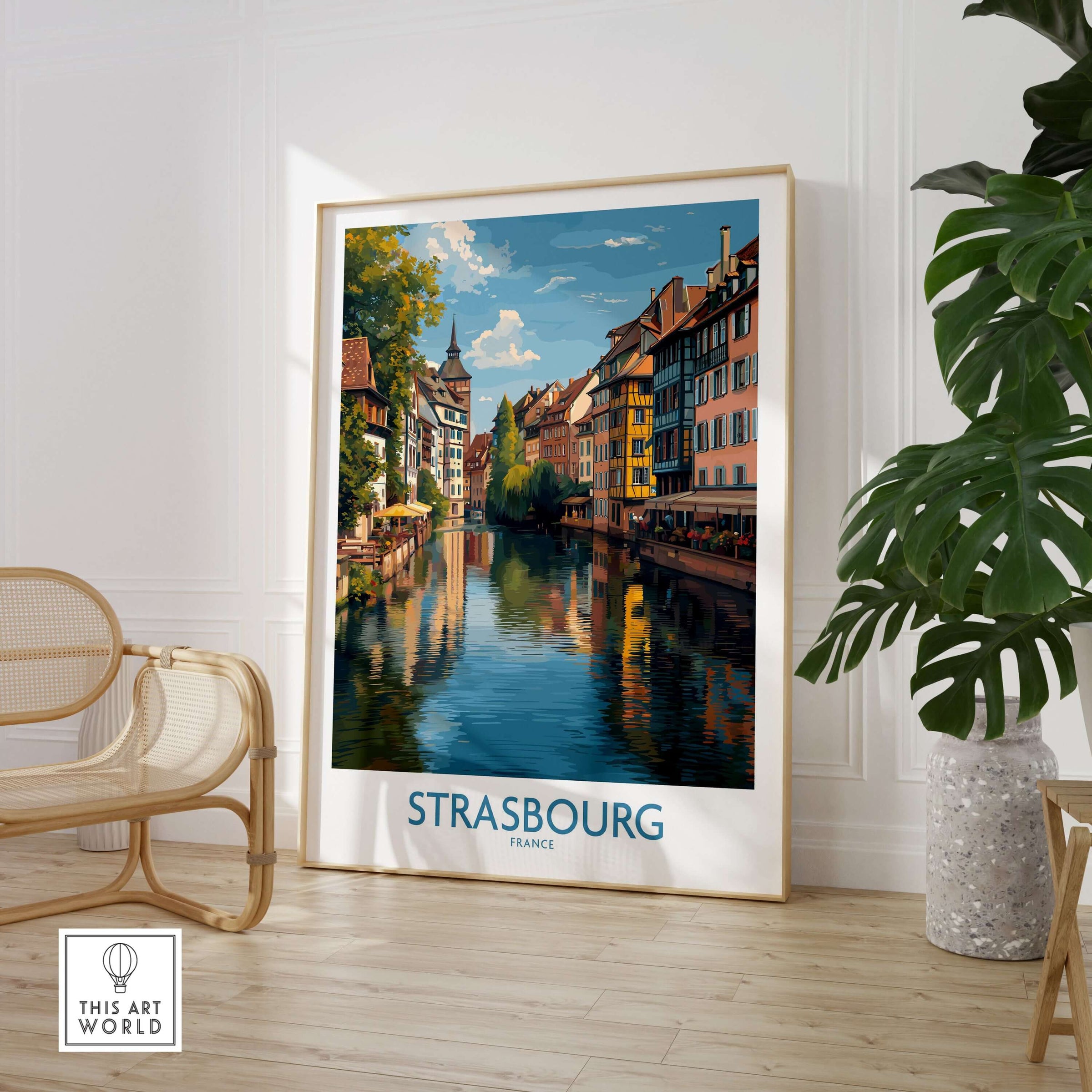 Strasbourg France Art Print | Petite France Travel Poster showcasing scenic canals and half-timbered houses.
