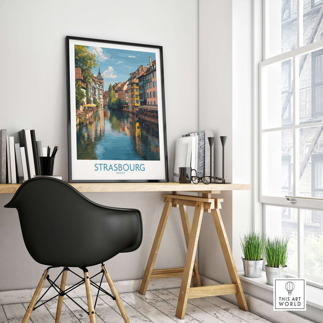 Strasbourg France Art Print | Petite France Travel Poster displayed in a stylish home office setting.