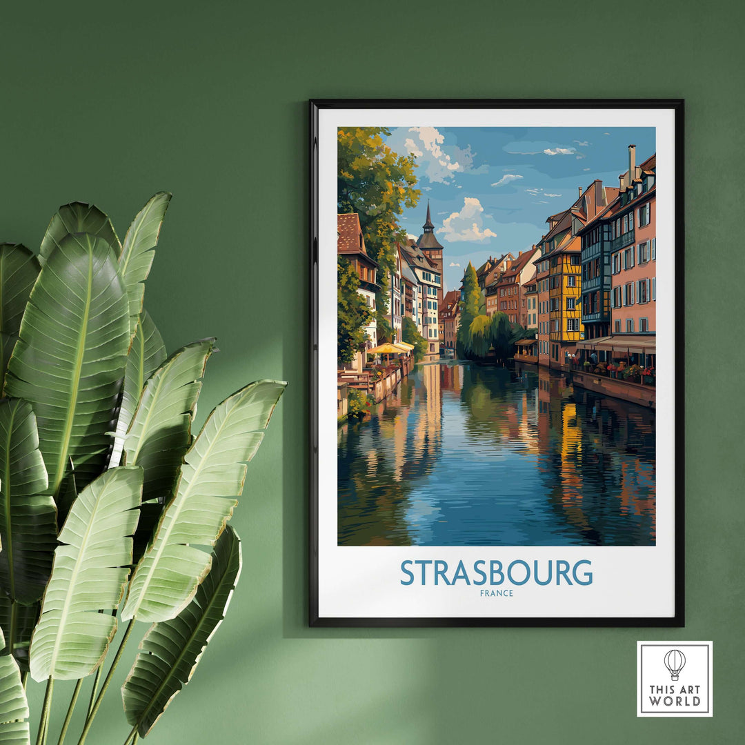 Strasbourg France Art Print | Petite France Travel Poster featuring scenic canals and half-timbered houses.