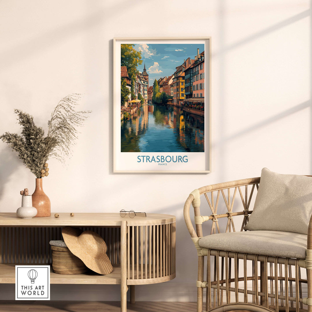 Strasbourg France Art Print | Petite France Travel Poster featuring canals and half-timbered houses.