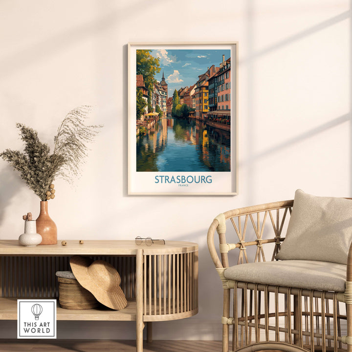 Strasbourg France Art Print | Petite France Travel Poster featuring canals and half-timbered houses.