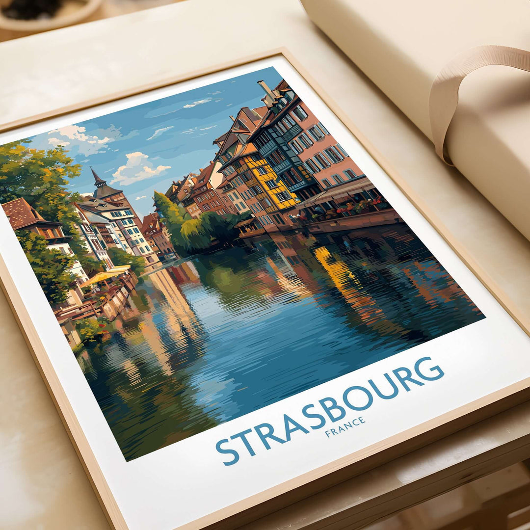 Strasbourg France Art Print | Petite France Travel Poster showcasing picturesque canals and half-timbered houses.