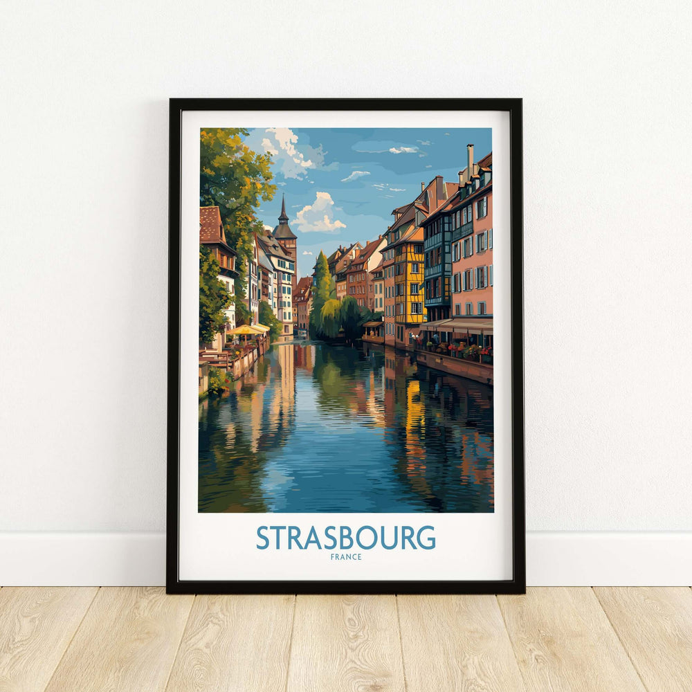 Strasbourg France Art Print | Petite France Travel Poster showcasing scenic canals and charming architecture.