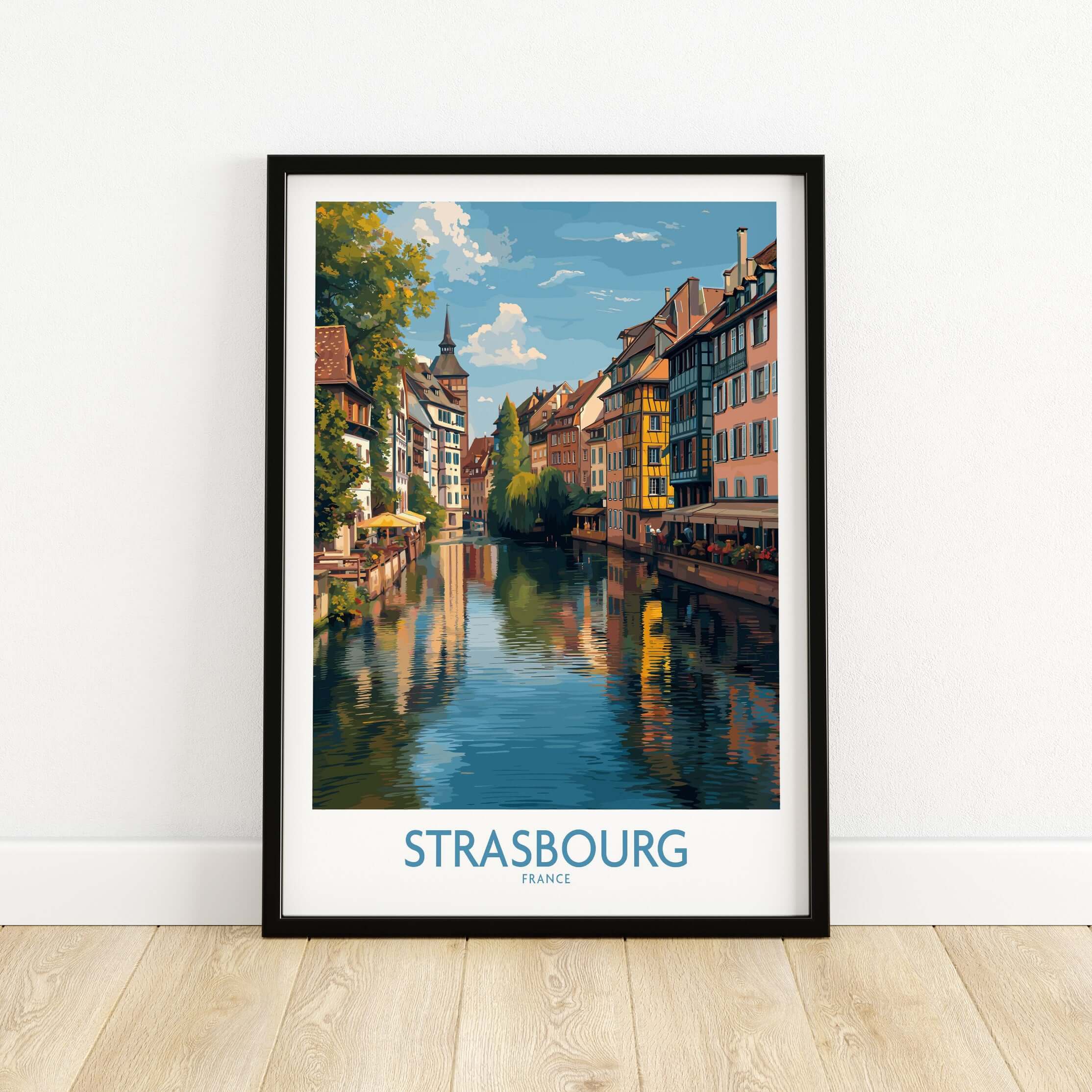 Strasbourg France Art Print | Petite France Travel Poster showcasing scenic canals and charming half-timbered houses.