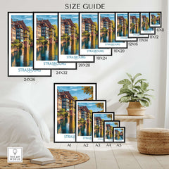 Strasbourg France Art Print size guide showcasing different dimensions in a home setting.