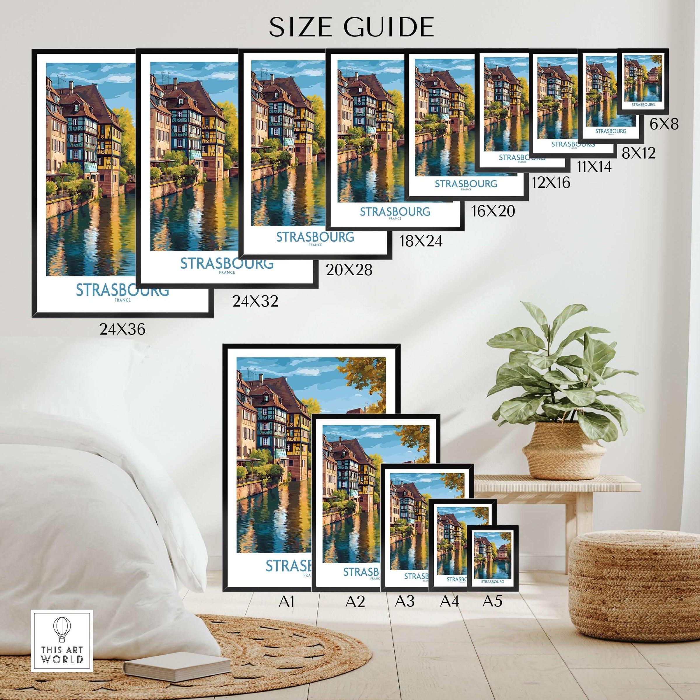 Strasbourg France Art Print size guide showcasing different dimensions in a home setting.
