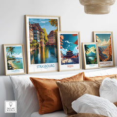 Strasbourg France Art Print displayed among other travel art prints on a stylish wall decor.