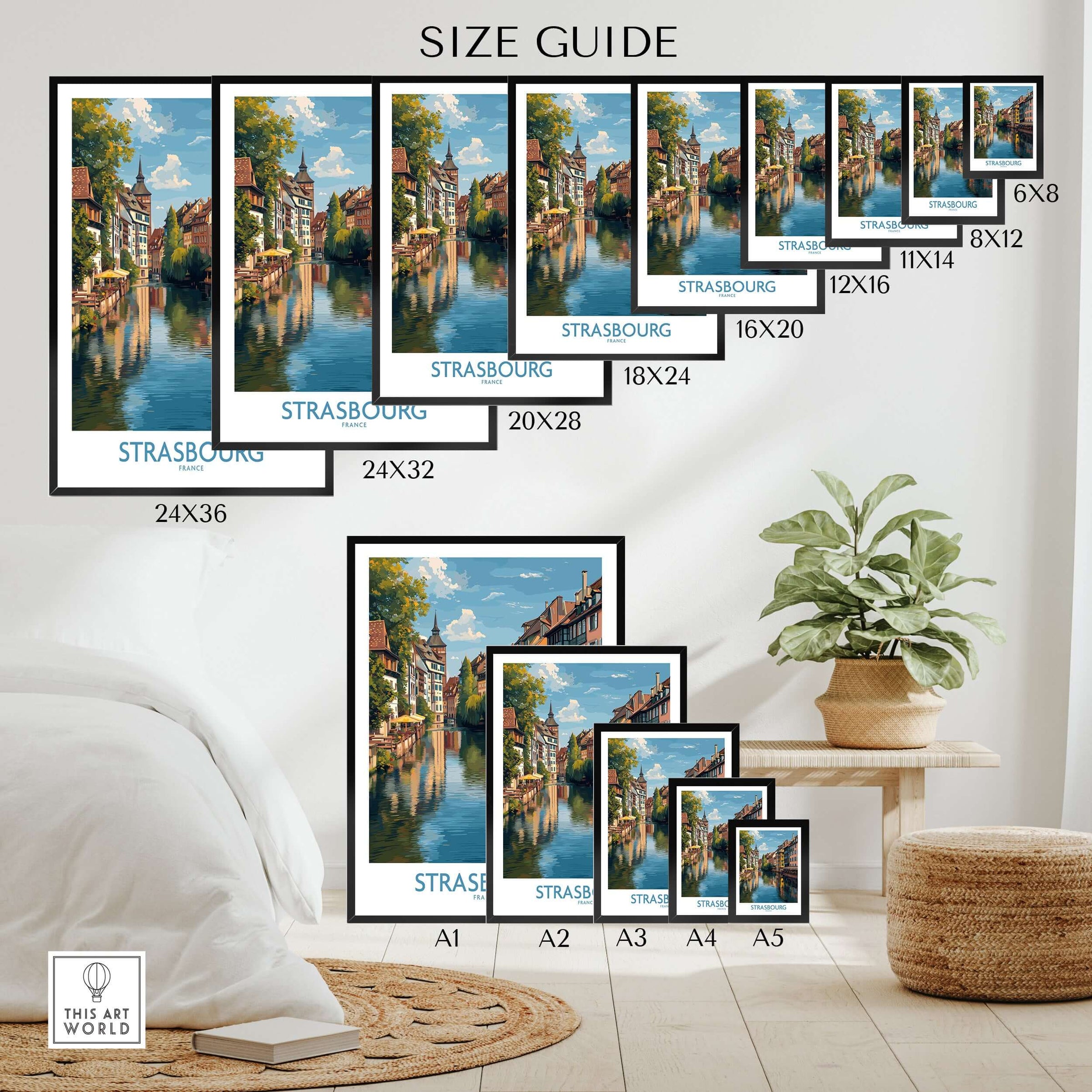 Strasbourg France Art Print | Petite France Travel Poster size guide showcasing various dimensions and layout options.