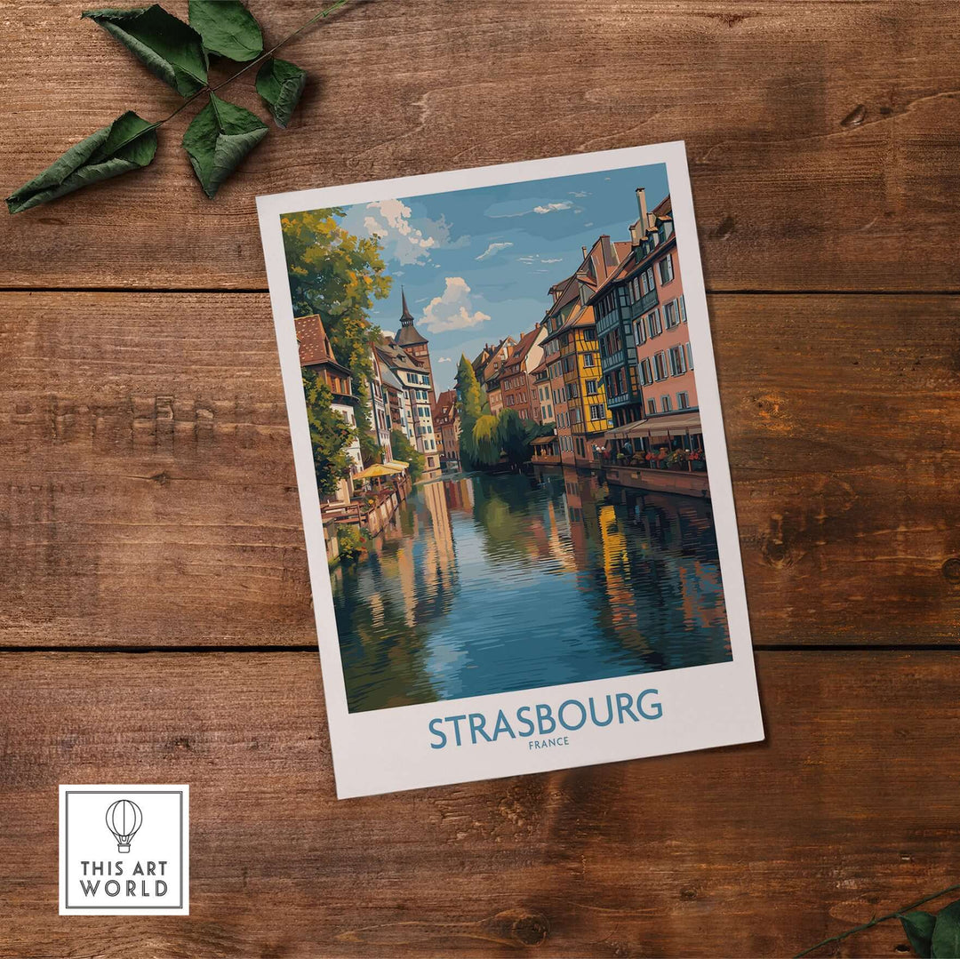 Strasbourg France Art Print | Petite France Travel Poster featuring picturesque canals and historic architecture.