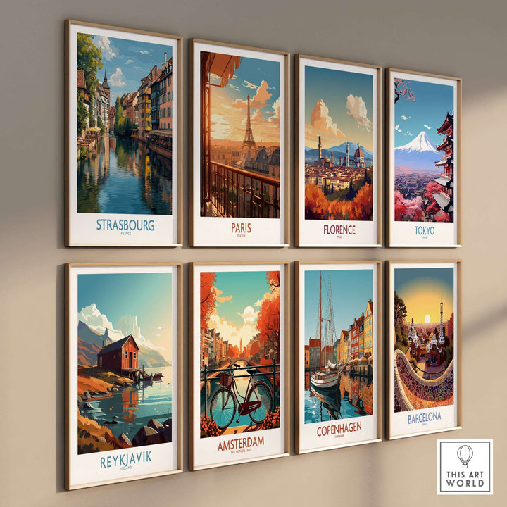 Strasbourg France Art Print | Petite France Travel Poster collection displayed on a wall showcasing beautiful travel destinations.