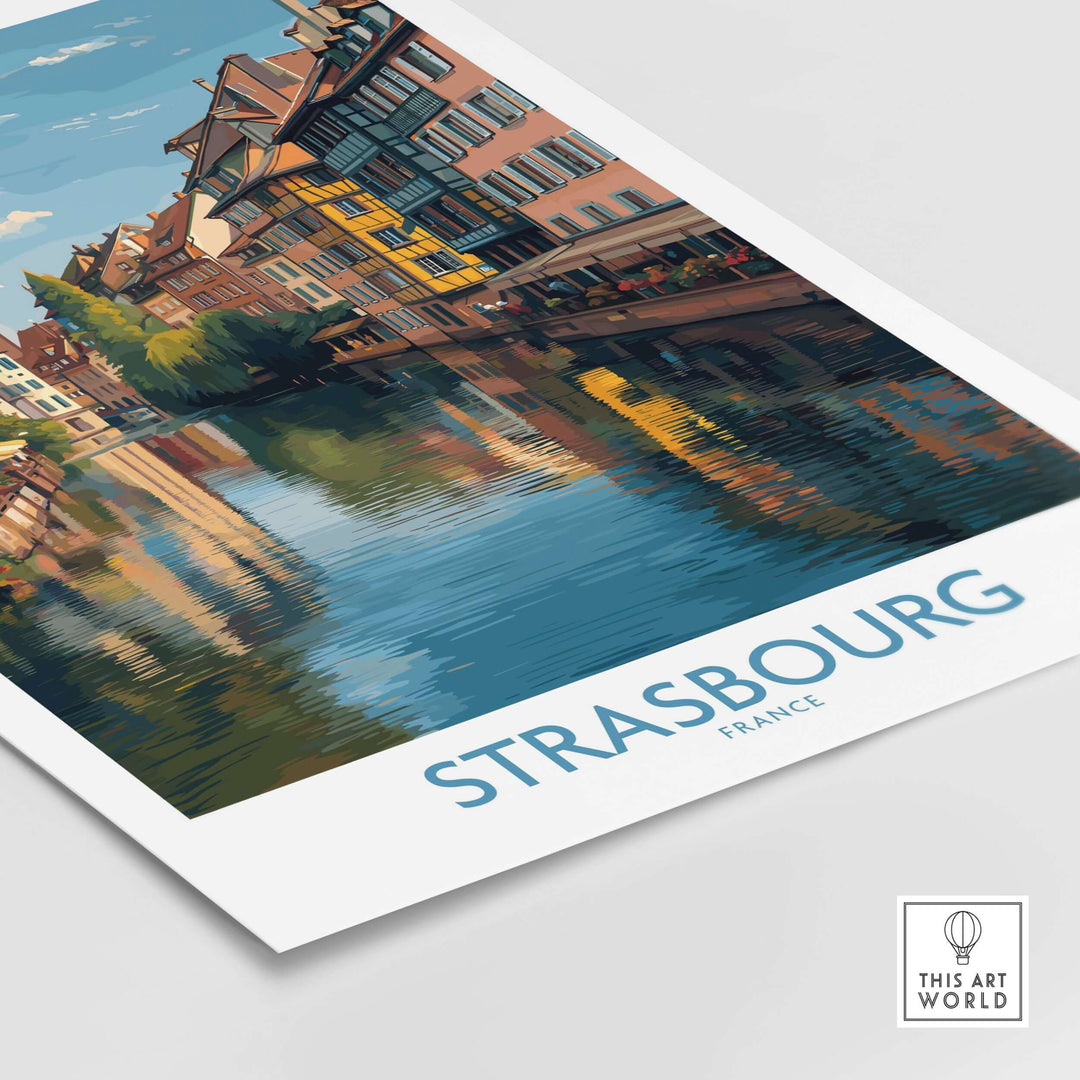 Strasbourg France Art Print | Petite France Travel Poster featuring canals and half-timbered houses.