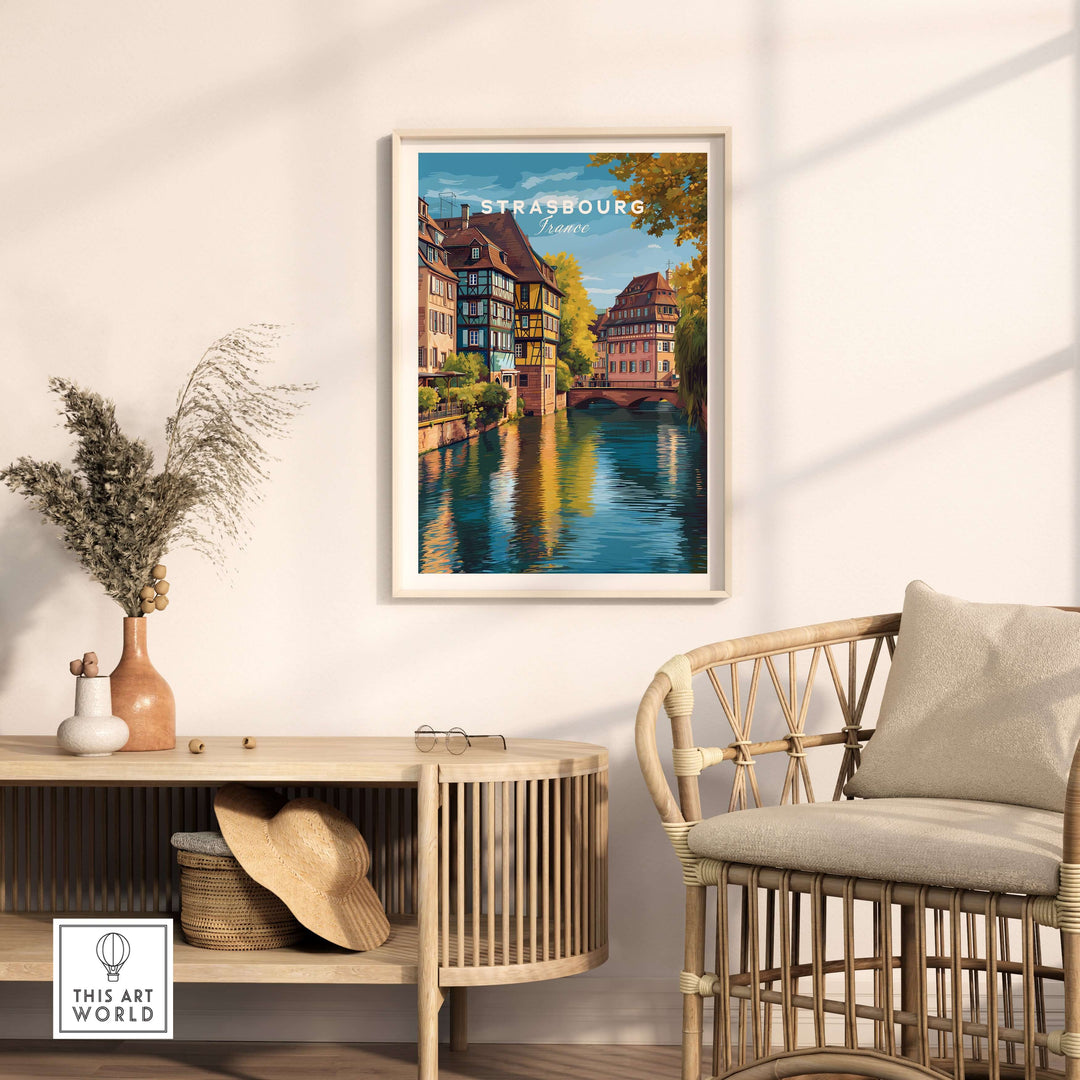Strasbourg Print France Poster featuring picturesque architecture and scenic waterways in a stylish room setting.