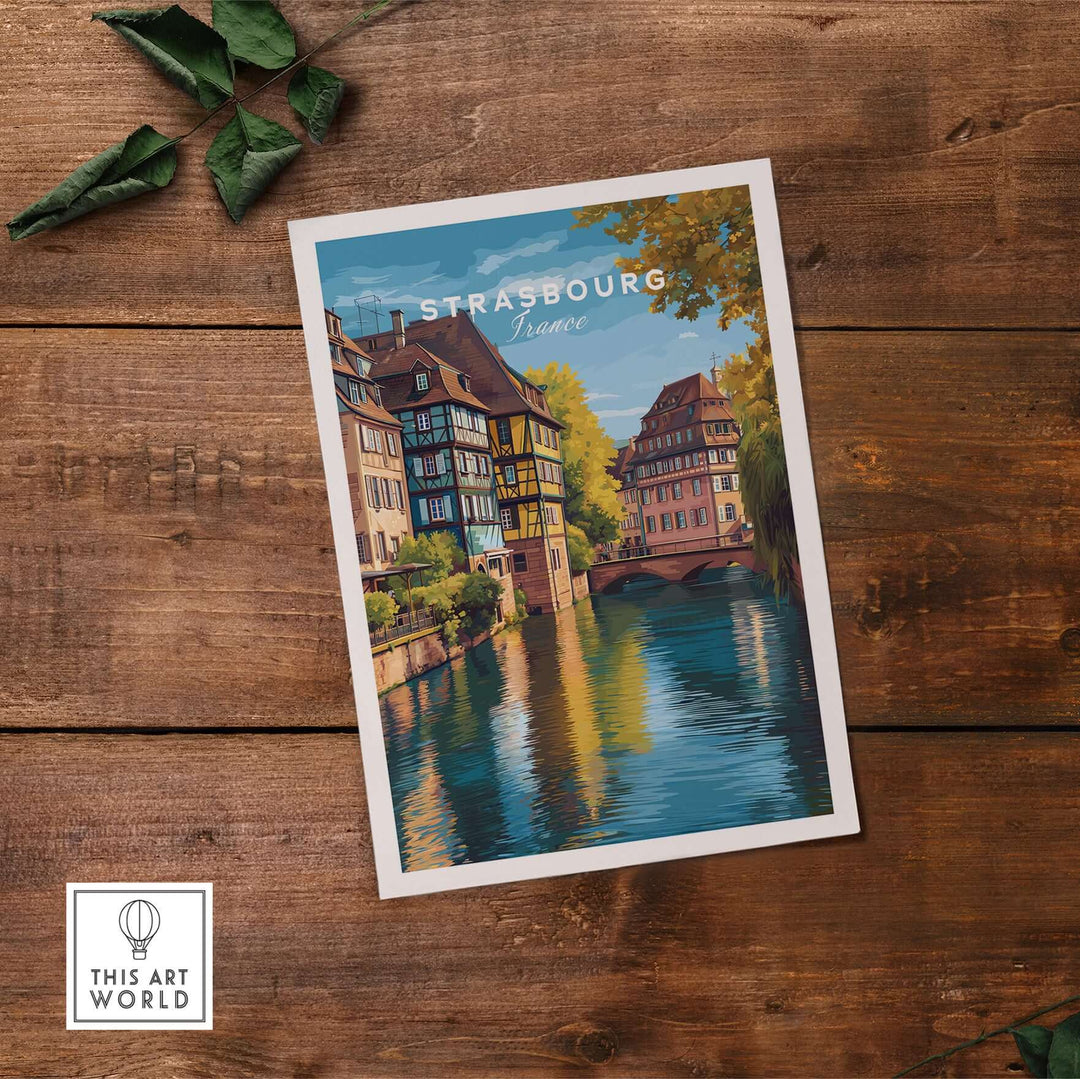 Strasbourg Print France Poster featuring picturesque architecture and a scenic river view.
