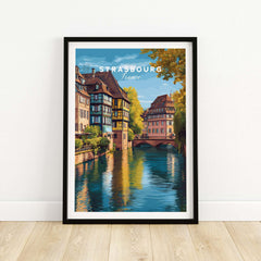 Strasbourg Print France Poster featuring picturesque architecture and a serene river view.