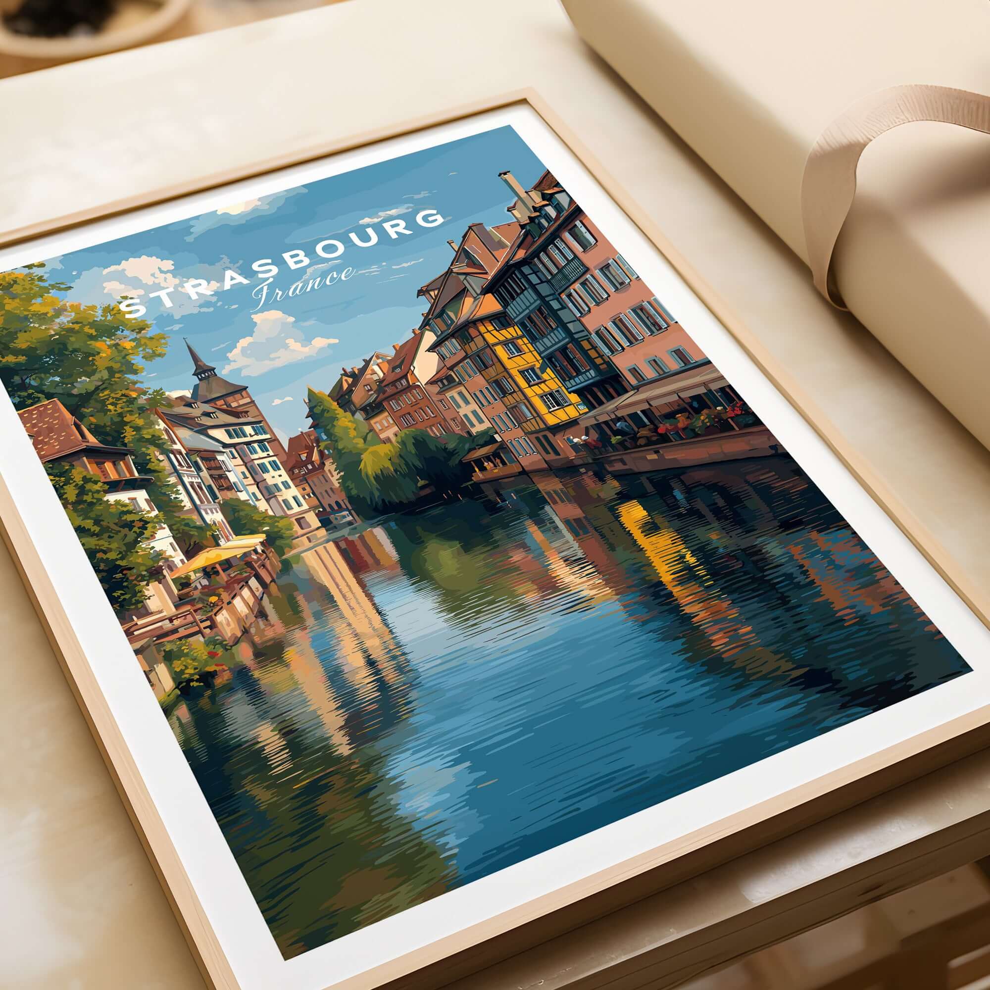 Strasbourg Poster France Wall Decor featuring colorful buildings along the canals of Strasbourg in France.