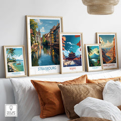 Strasbourg France Art Print | Petite France Travel Poster displayed among other travel posters on a stylish wall.