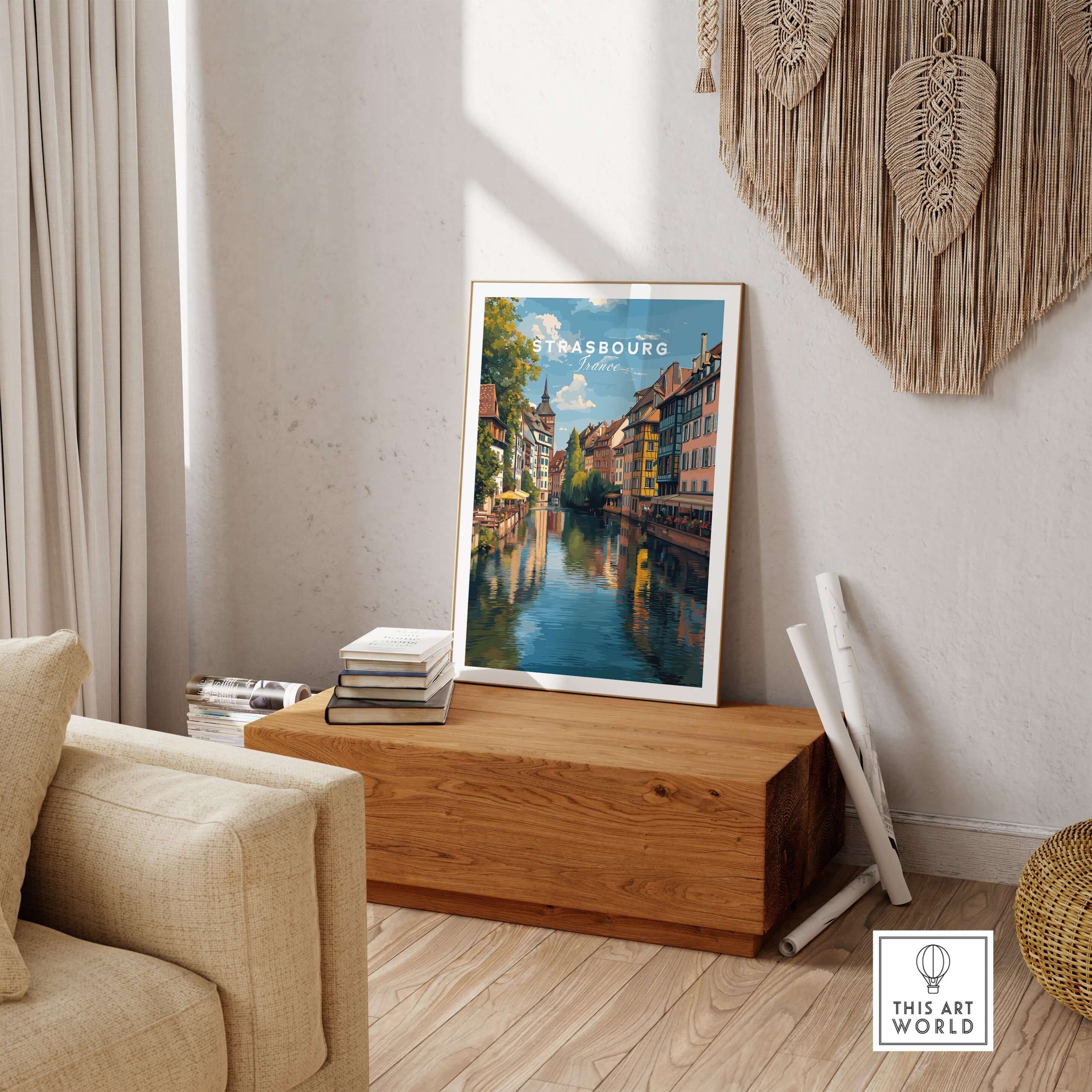 Strasbourg Poster France Wall Decor displayed in a stylish living room with charming architecture and canals.