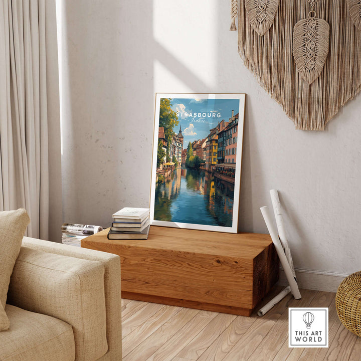 Strasbourg Poster France Wall Decor displayed in a modern living room, showcasing picturesque canals and architecture.