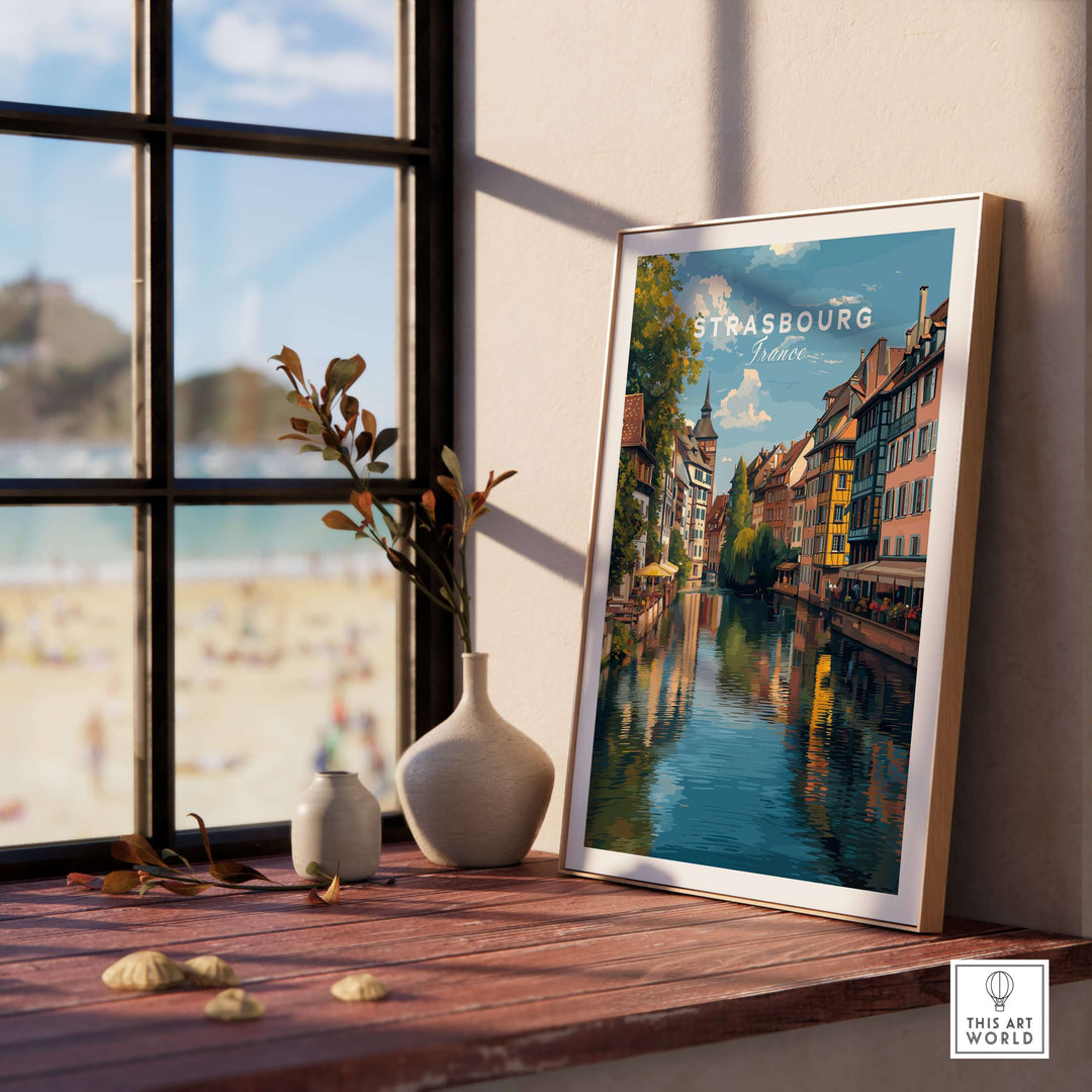 Strasbourg Poster France Wall Decor displayed in a modern interior with scenic river view.
