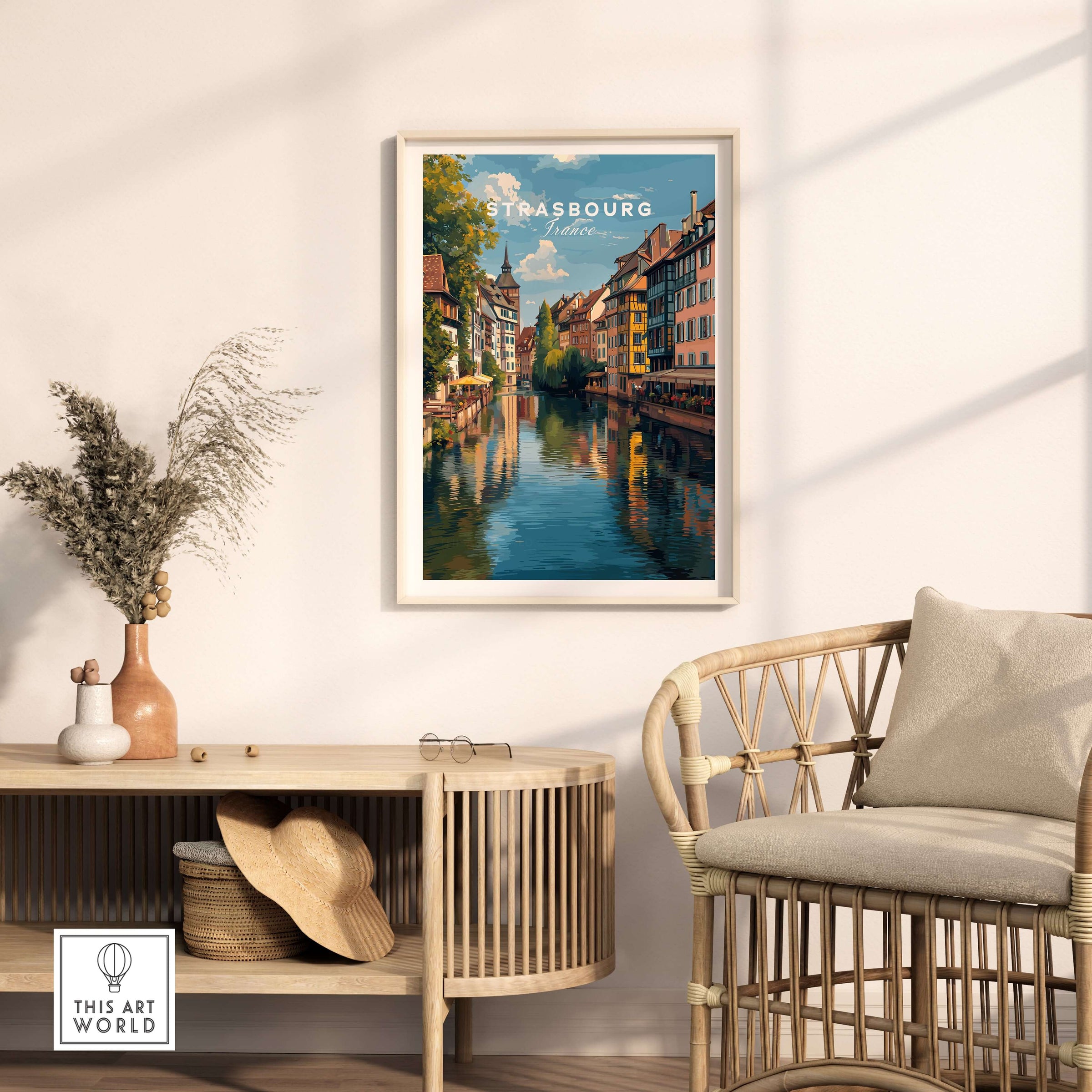 Strasbourg Poster France Wall Decor featuring scenic canal view framed in modern interior design.