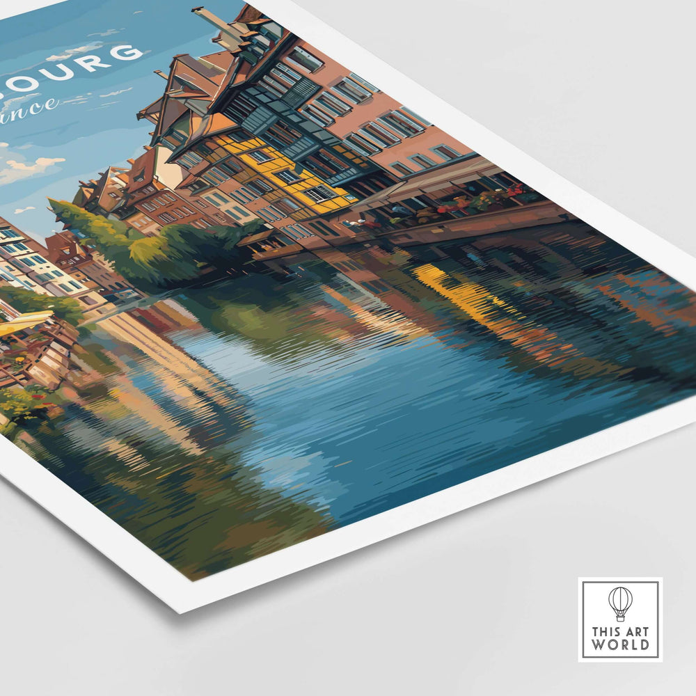 Strasbourg Poster France Wall Decor featuring charming canals and colorful buildings reflecting in water.