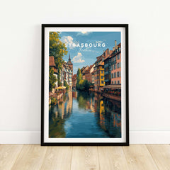 Strasbourg Poster France Wall Decor showcasing picturesque canals and architecture in a vibrant print.