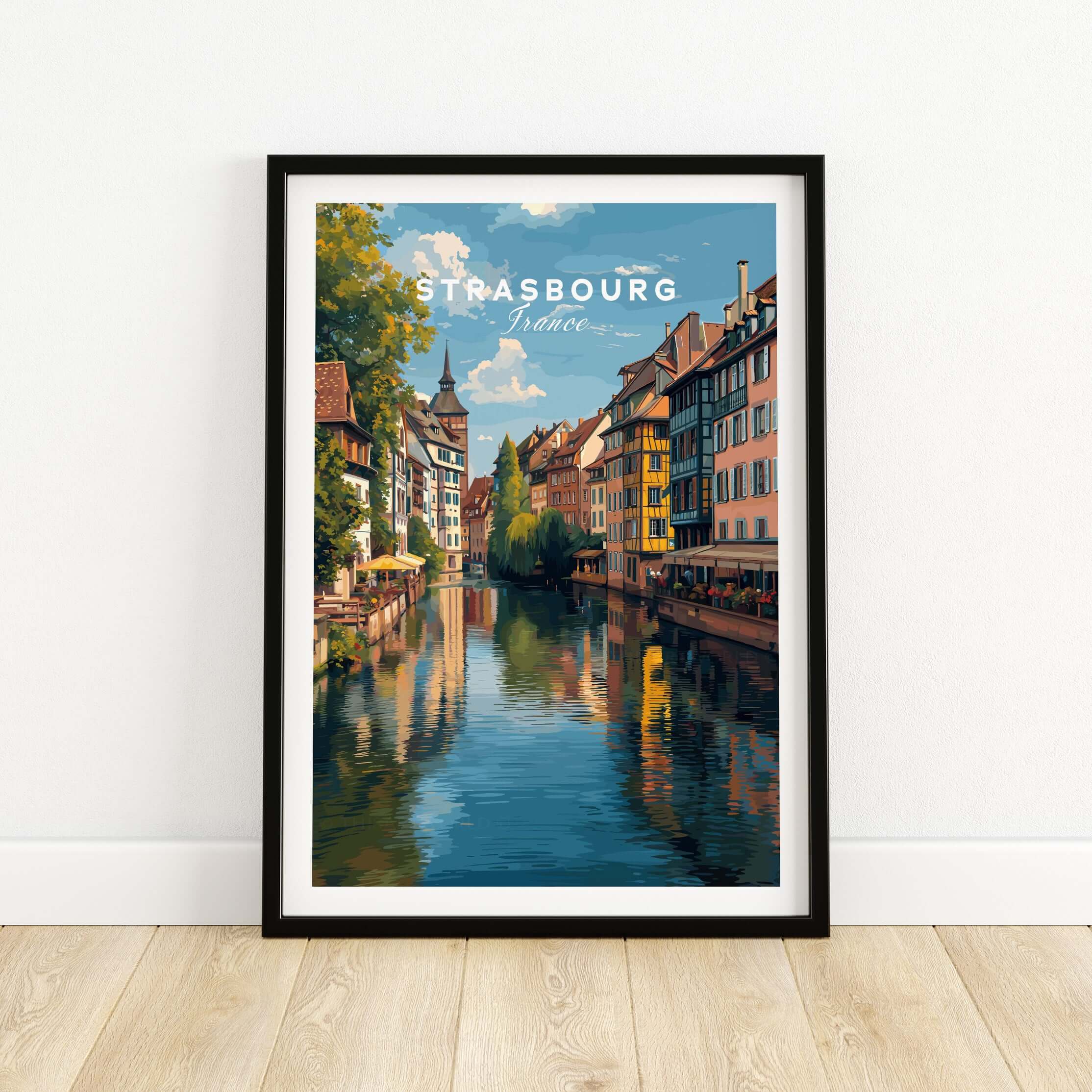 Strasbourg Poster France Wall Decor showcasing picturesque canals and architecture in a vibrant print.